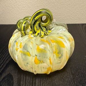 Artisan Glass Pumpkin Sculpture Figurine - Yellow and Green